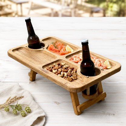 Biertisch, Campingtisch aus Eichenholz klappbar – mit 2 Flaschenhaltern und Snackfächern