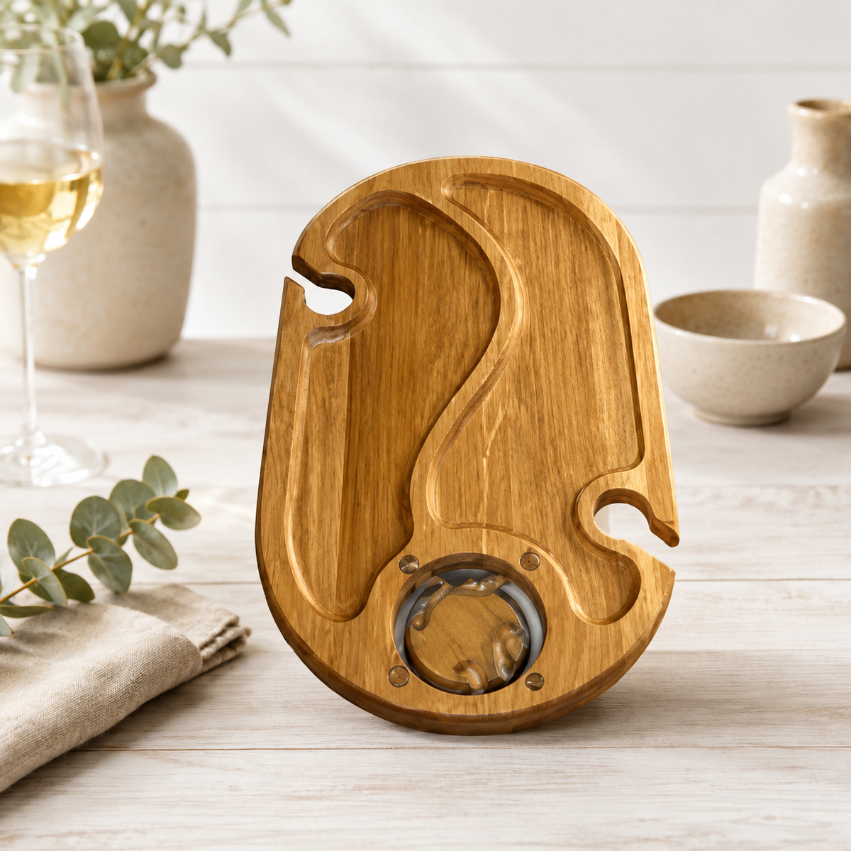 Picknicktisch aus Eichenholz, Weintisch mit 2 Glashaltern, Serviertablett mit Beinen 50 × 30 × 17 cm, Charcuterie-Brett, Couchbar klappbar