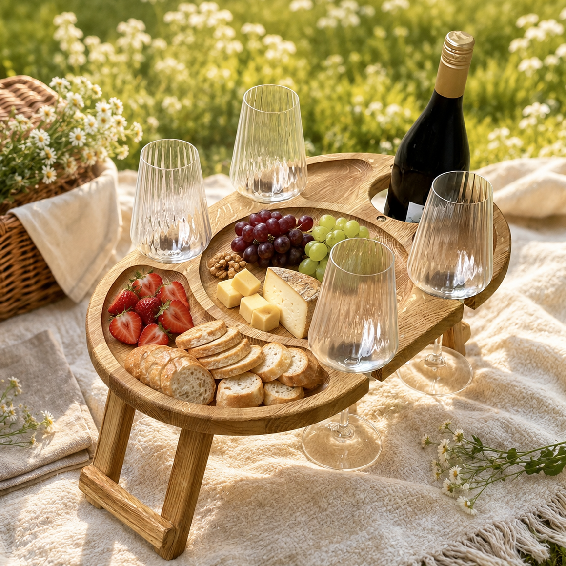 Weinabend auf 50 × 30 cm – Weintisch für 4 Gläser aus Eiche, Picknicktisch mit Flaschenhalter