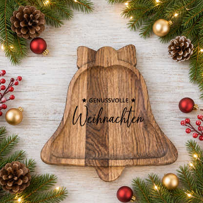 Weihnachtsplatte Glocke aus Eichenholz – Servierbrett & Adventsdeko für Plätzchen, Kerzen und Zapfen