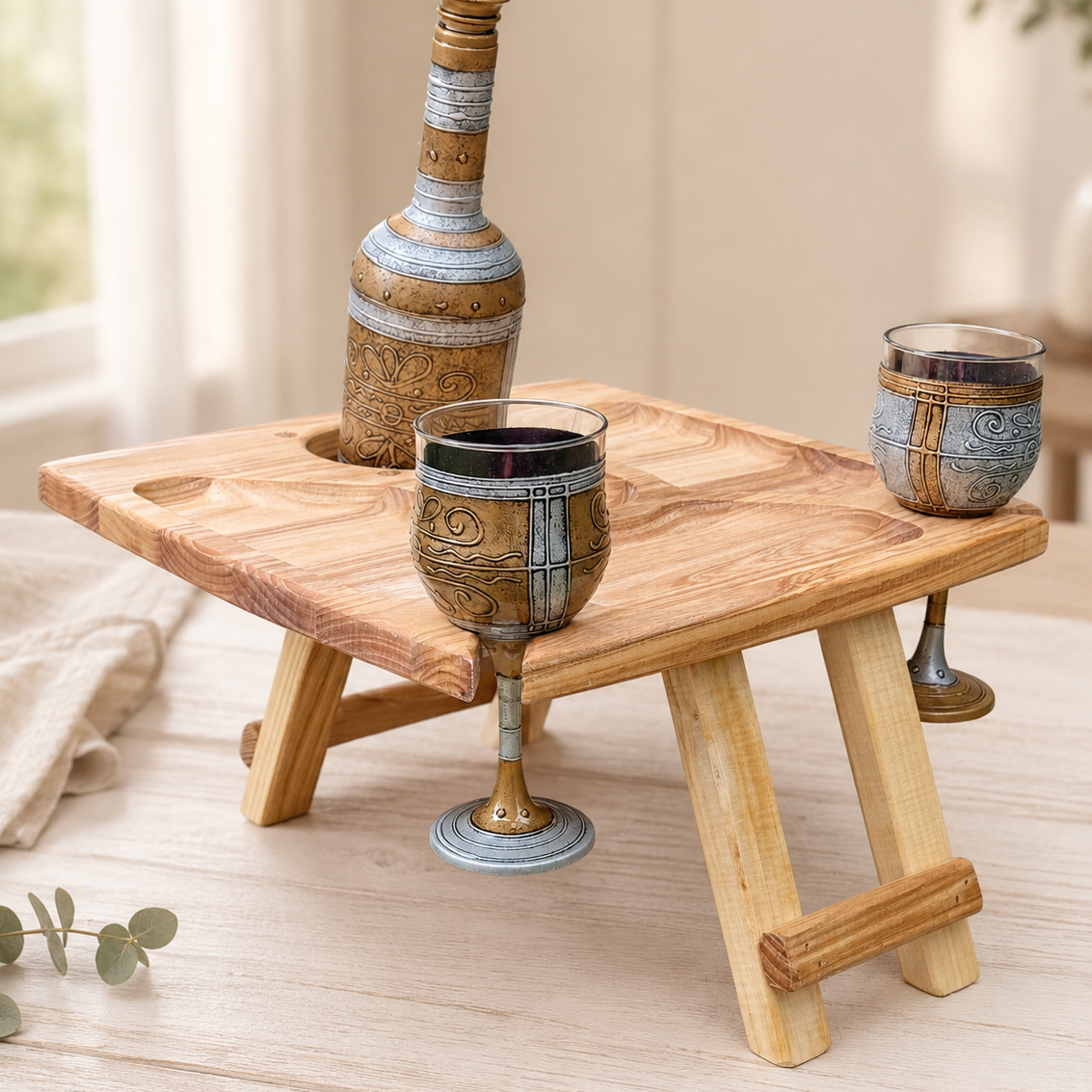 Klappbarer Weintisch für 2 Gläser & Flasche – Picknicktisch aus Edelholz mit Snackfächern