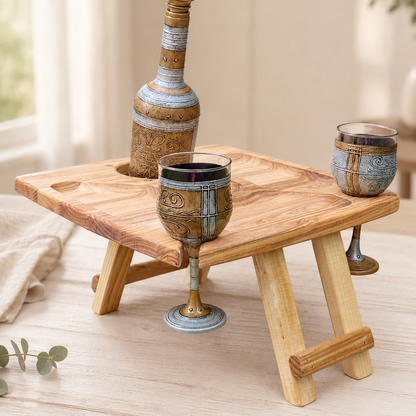 Klappbarer Weintisch für 2 Gläser & Flasche – Picknicktisch aus Edelholz mit Snackfächern
