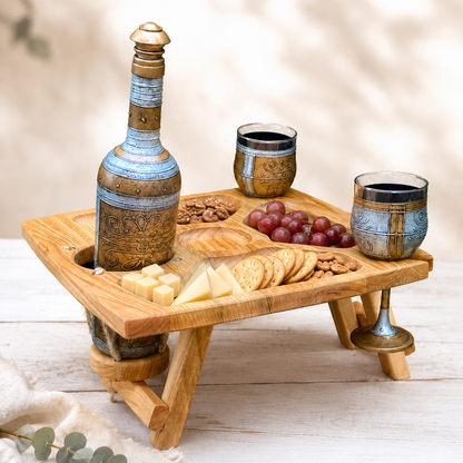 Klappbarer Weintisch für 2 Gläser & Flasche – Picknicktisch aus Edelholz mit Snackfächern