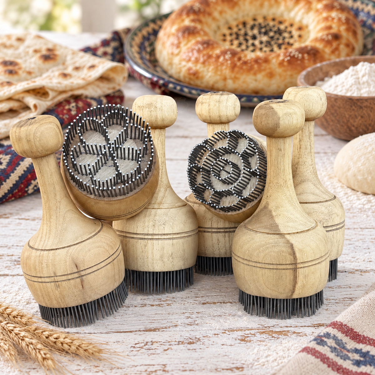 Brotstempel Chekich aus Holz – 7 Muster für Nonbrot, Lepjoschka & Fladenbrot