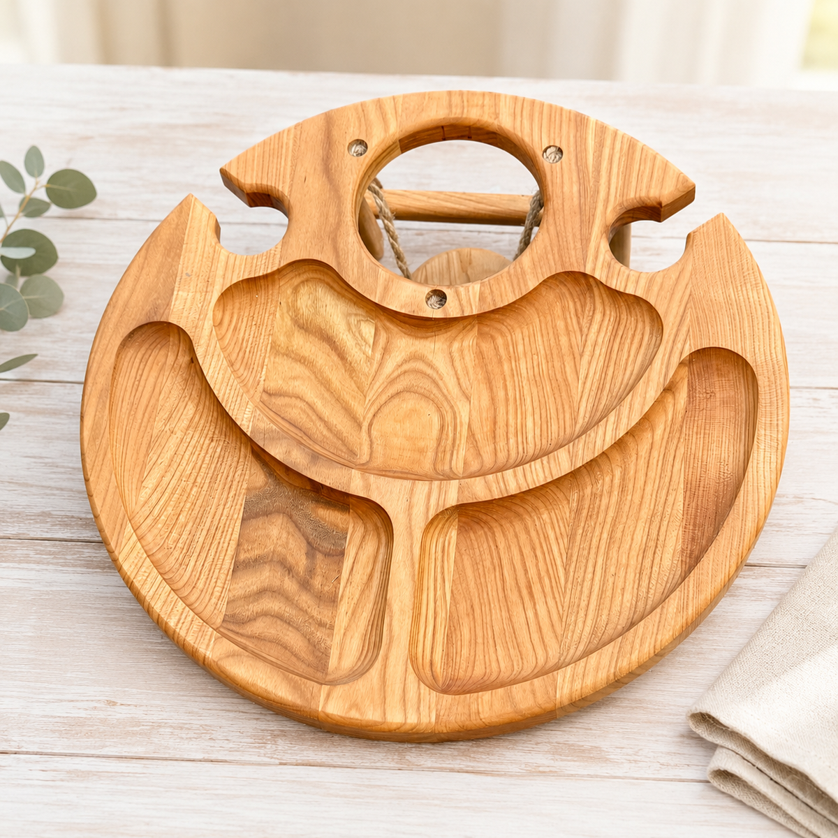Klappbarer Weintisch aus Holz für 2 Gläser | Picknicktisch mit hängendem Flaschenhalter | Eiche oder Kirsche Ø 35 cm