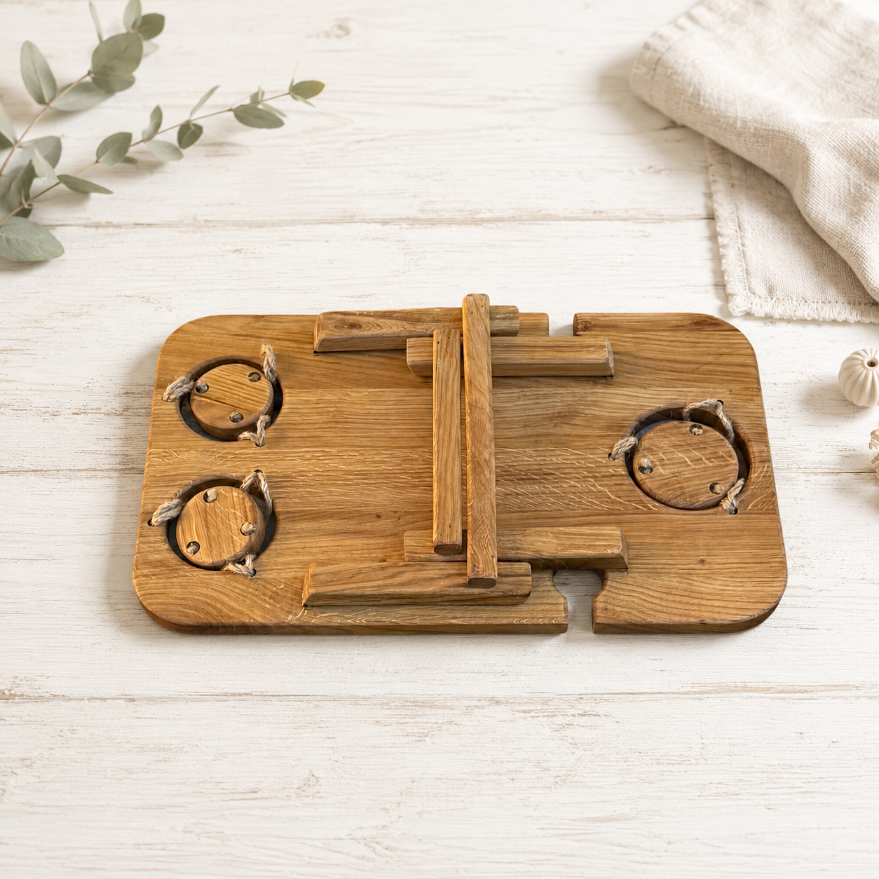 Klappbare Picknick-Bar aus Eiche – Getränketisch für 3 Flaschen oder Dosen, 2 Weingläser & Snacks