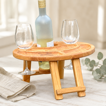 Klappbarer Weintisch aus Holz für 2 Gläser | Picknicktisch mit hängendem Flaschenhalter | Eiche oder Kirsche Ø 35 cm