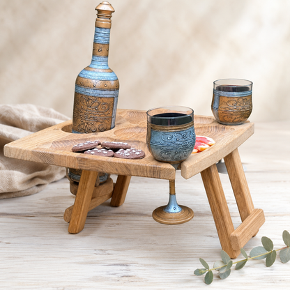 Klappbarer Weintisch für 2 Gläser & Flasche – Picknicktisch aus Edelholz mit Snackfächern