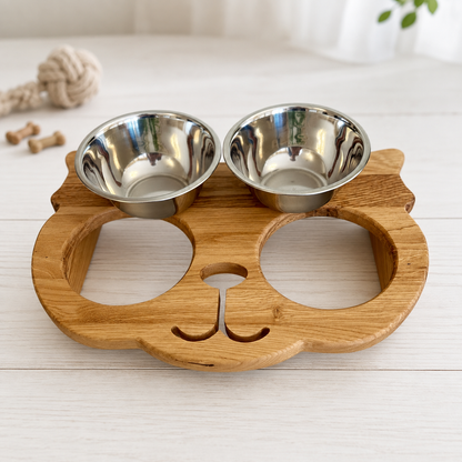Erhöhte Futterstation für kleine Hunde aus Eichenholz – Futterbar mit 2 Edelstahlnäpfen, personalisierbar