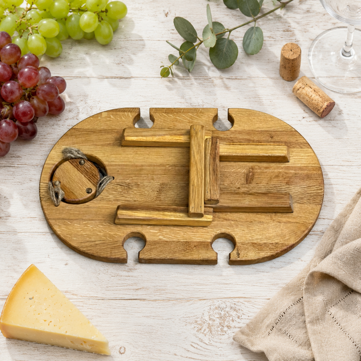 Weinabend auf 50 × 30 cm – Weintisch für 4 Gläser aus Eiche, Picknicktisch mit Flaschenhalter