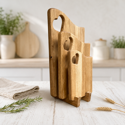 Schneidebrett-Set aus Eiche mit Halter – 3 massive Holzbretter mit Herzgriff | Servier- & Frühstücksbretter
