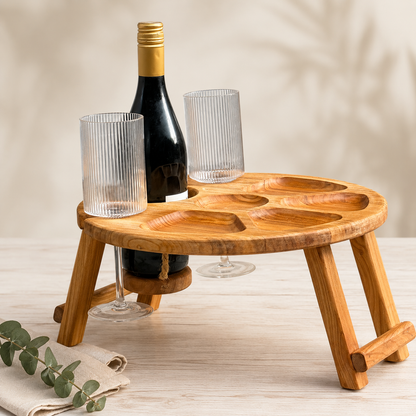Klappbarer Weintisch aus Kirschbaumholz für eine Flasche und zwei Gläser, Picknicktisch, Couchbar, Campingtisch Wein, Strandtisch