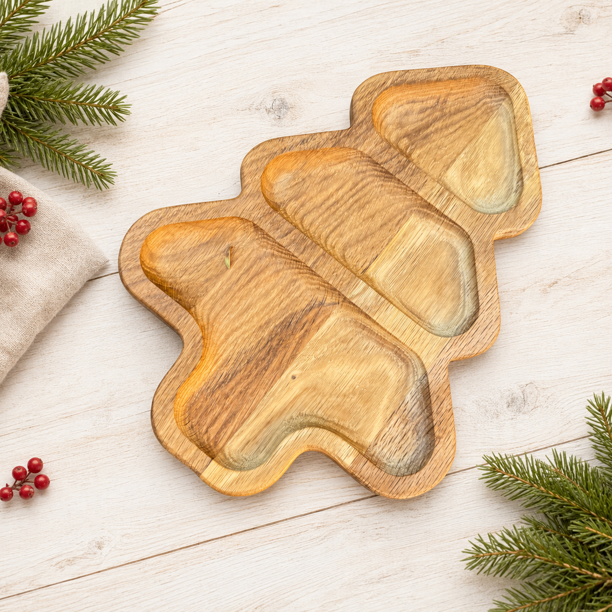 Holzteller, Tannenbaum-Servierplatte aus Eichenholz mit drei Fächern. Ideal für Plätzchen, Nüsse, Pralinen und Weihnachtssnacks.