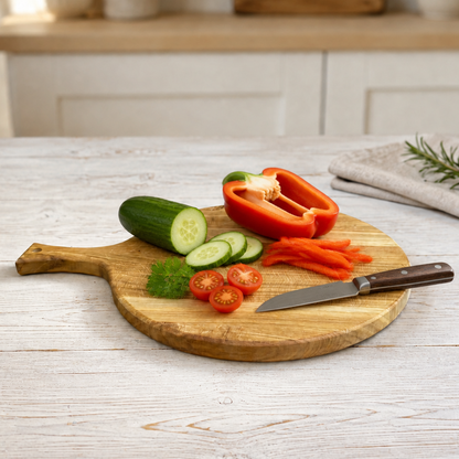 Rundes Pizzabrett aus Massivholz mit Griff – Schneidebrett & Servierbrett, optional mit Gravur