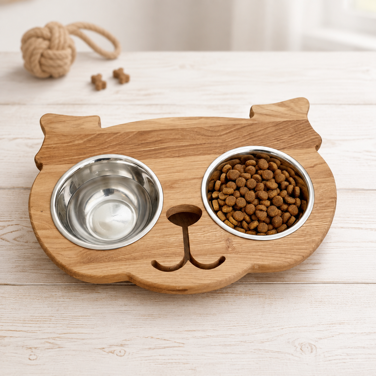 Erhöhte Futterstation für kleine Hunde aus Eichenholz – Futterbar mit 2 Edelstahlnäpfen, personalisierbar