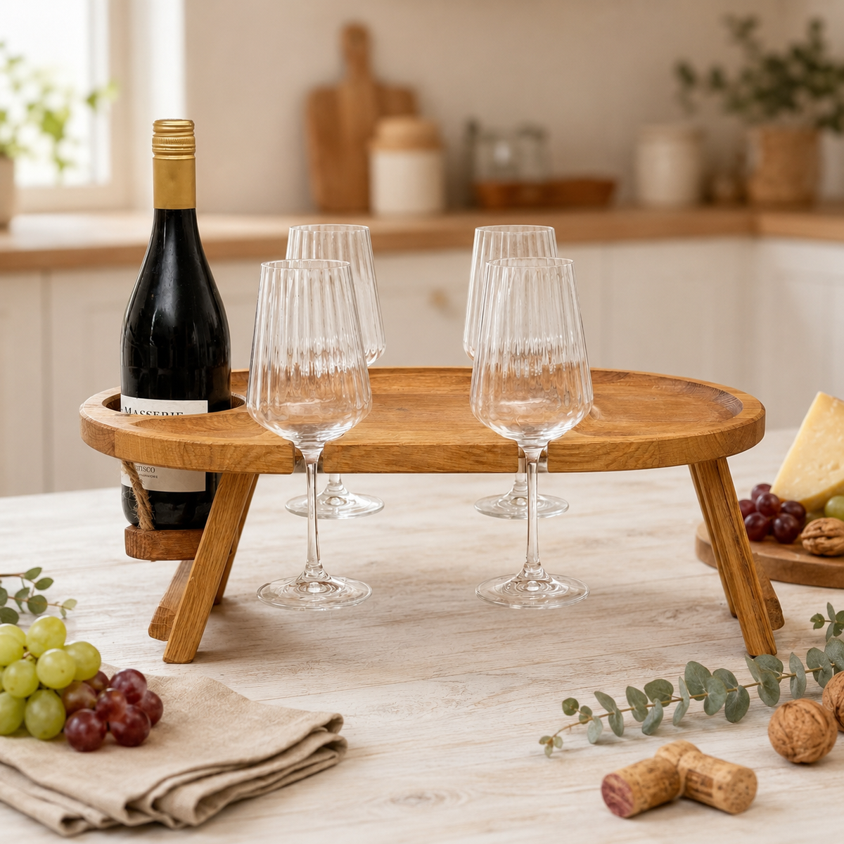Weinabend auf 50 × 30 cm – Weintisch für 4 Gläser aus Eiche, Picknicktisch mit Flaschenhalter