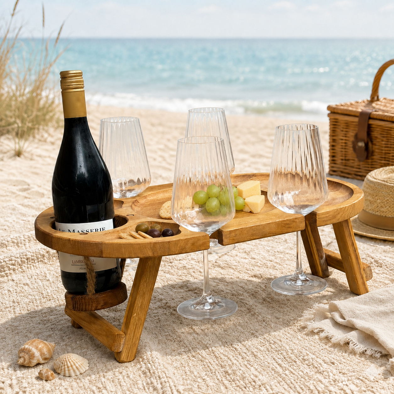 Weinabend auf 50 × 30 cm – Weintisch für 4 Gläser aus Eiche, Picknicktisch mit Flaschenhalter