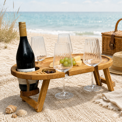Weinabend auf 50 × 30 cm – Weintisch für 4 Gläser aus Eiche, Picknicktisch mit Flaschenhalter