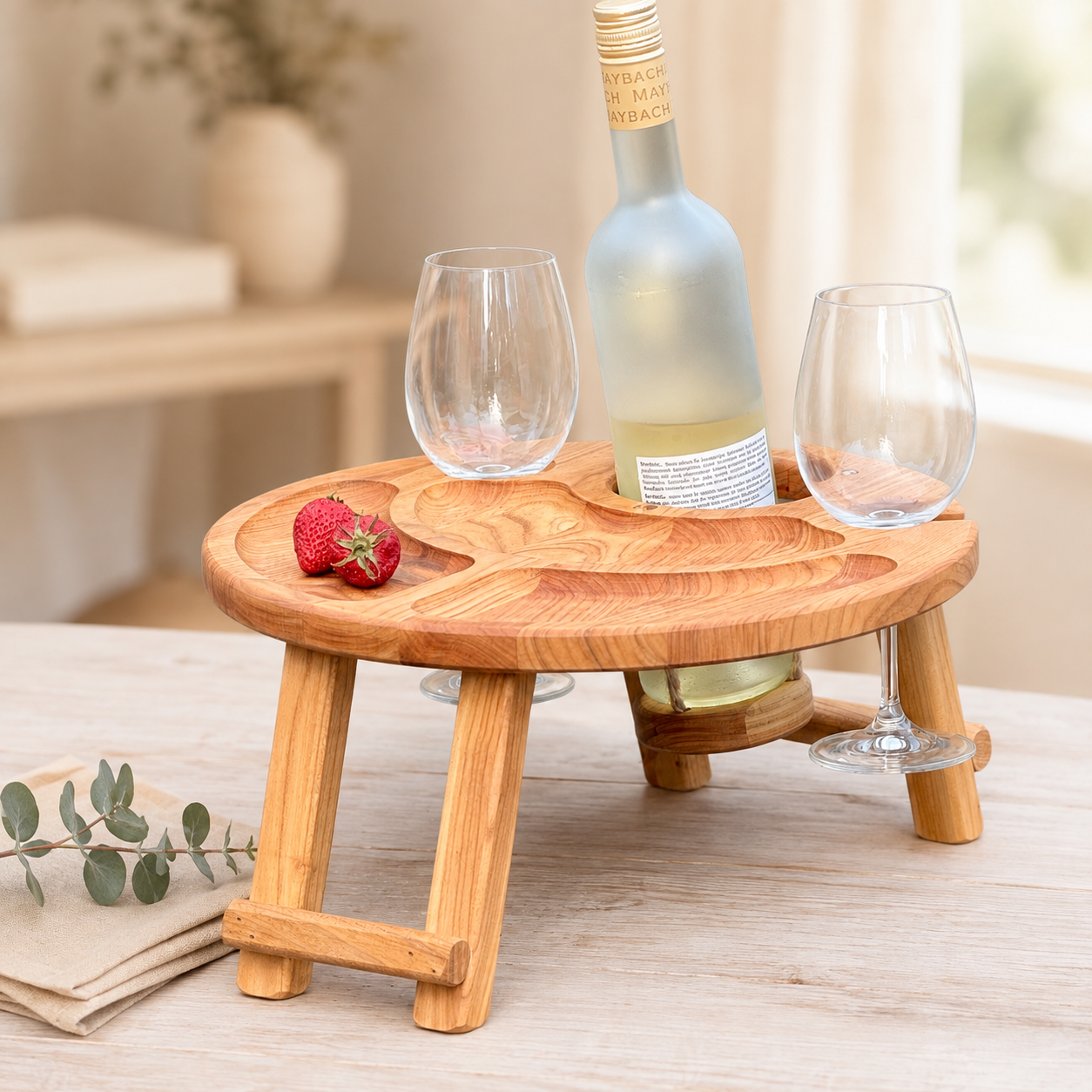 Klappbarer Weintisch aus Holz für 2 Gläser | Picknicktisch mit hängendem Flaschenhalter | Eiche oder Kirsche Ø 35 cm