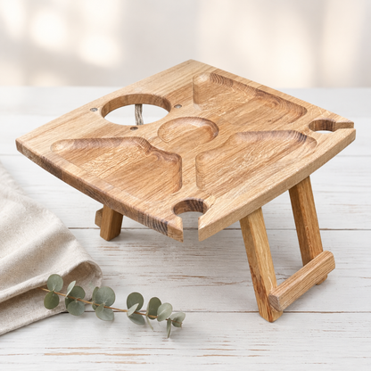 Klappbarer Weintisch für 2 Gläser & Flasche – Picknicktisch aus Edelholz mit Snackfächern