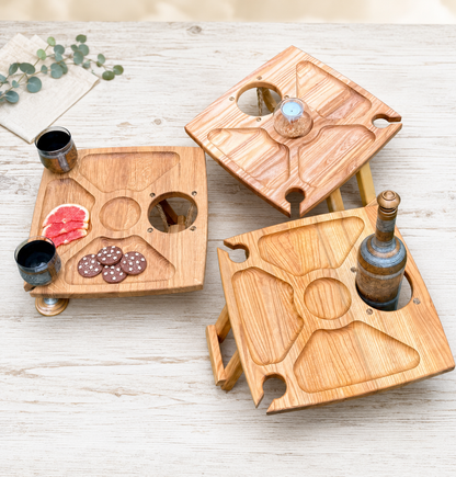 Klappbarer Weintisch für 2 Gläser & Flasche – Picknicktisch aus Edelholz mit Snackfächern