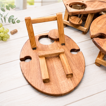 Weinbar aus Eiche – klappbarer Picknicktisch mit Flaschenhalter & 2 Glashaltern, Geschenk für Paare