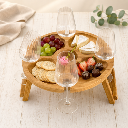 Klappbarer Weintisch für 4 Gläser aus Eiche – runder Snacktisch mit 5 Fächern & optionaler Gravur