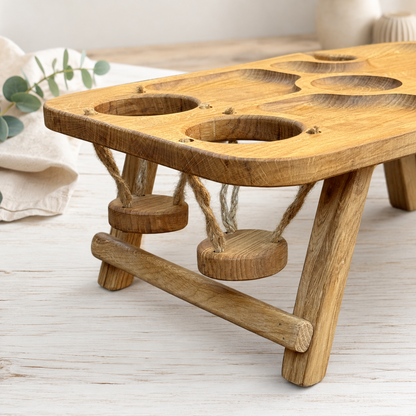Klappbare Picknick-Bar aus Eiche – Getränketisch für 3 Flaschen oder Dosen, 2 Weingläser & Snacks