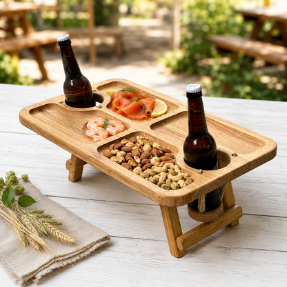 Biertisch, Campingtisch aus Eichenholz klappbar – mit 2 Flaschenhaltern und Snackfächern