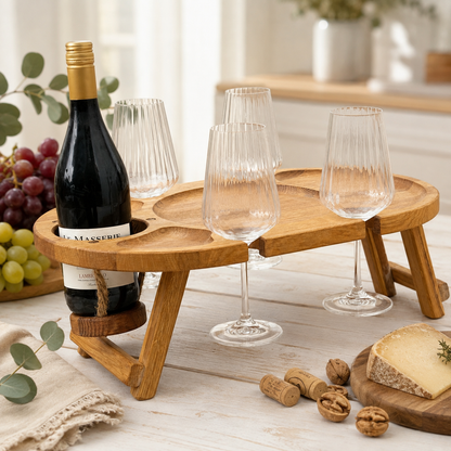 Weinabend auf 50 × 30 cm – Weintisch für 4 Gläser aus Eiche, Picknicktisch mit Flaschenhalter