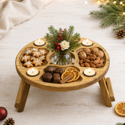 Erhöhter Teelicht- & Dekotisch aus Eiche für 4 – runde Snackplatte für Vase oder Flasche, moderner Adventstisch