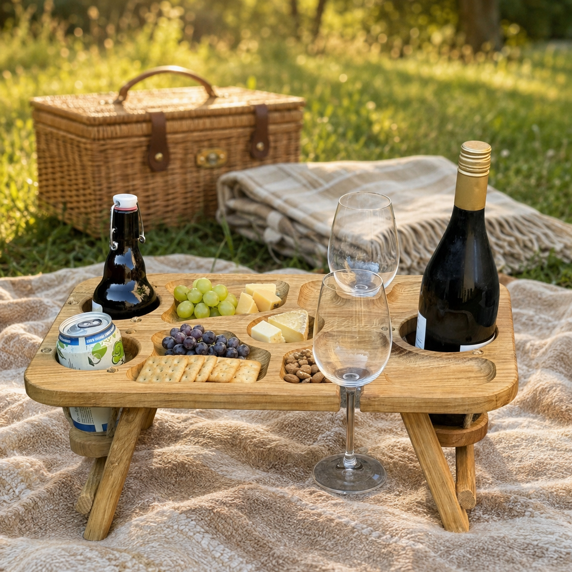 Klappbare Picknick-Bar aus Eiche – Getränketisch für 3 Flaschen oder Dosen, 2 Weingläser & Snacks
