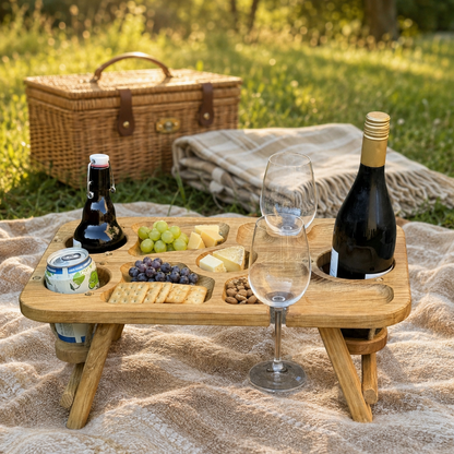 Klappbare Picknick-Bar aus Eiche – Getränketisch für 3 Flaschen oder Dosen, 2 Weingläser & Snacks