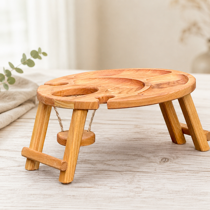 Klappbarer Weintisch aus Holz für 2 Gläser | Picknicktisch mit hängendem Flaschenhalter | Eiche oder Kirsche Ø 35 cm