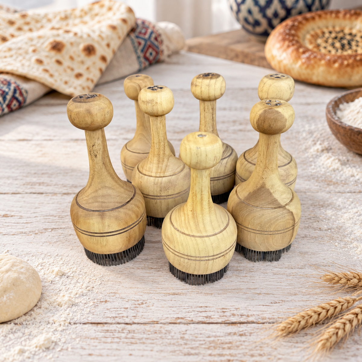 Brotstempel Chekich aus Holz – 7 Muster für Nonbrot, Lepjoschka & Fladenbrot