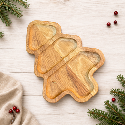 Holzteller, Tannenbaum-Servierplatte aus Eichenholz mit drei Fächern. Ideal für Plätzchen, Nüsse, Pralinen und Weihnachtssnacks.