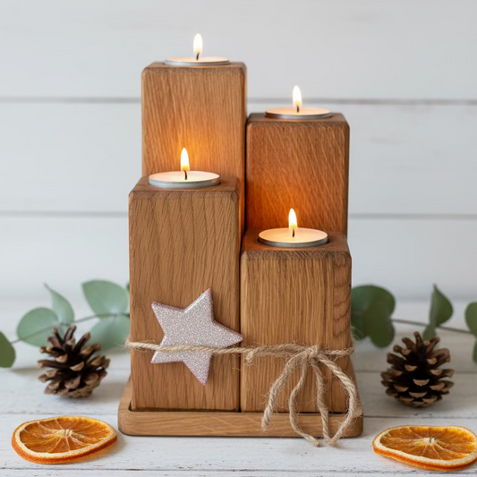 Teelichthalter Holz 4er-Set mit Unterbrett – moderne Kerzendeko aus Eiche.Kerzenhalter aus Holz für Advent, Wohnzimmer & Geschenk.