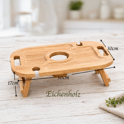 Klappbarer Weintisch aus Eiche für 2 Gläser – personalisiert – Picknicktisch mit Flaschenhalter, Geschenk für Paare