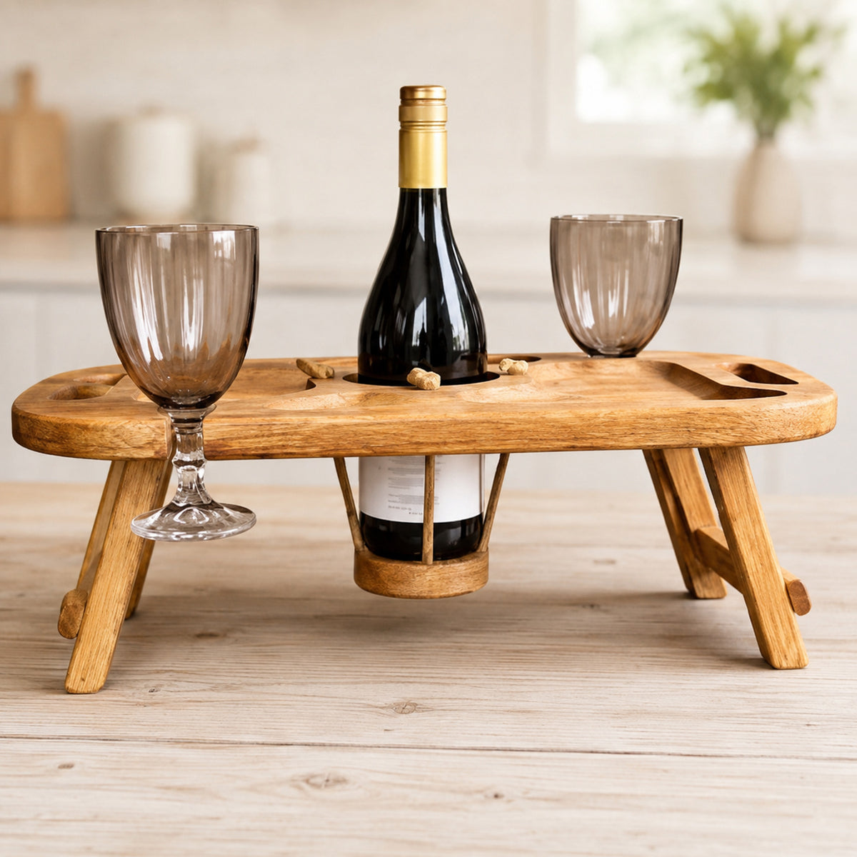 Klappbarer Weintisch aus Eiche für 2 Gläser – personalisiert – Picknicktisch mit Flaschenhalter, Geschenk für Paare