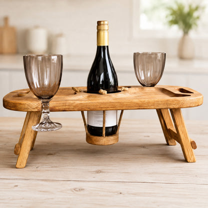 Klappbarer Weintisch aus Eiche für 2 Gläser – personalisiert – Picknicktisch mit Flaschenhalter, Geschenk für Paare