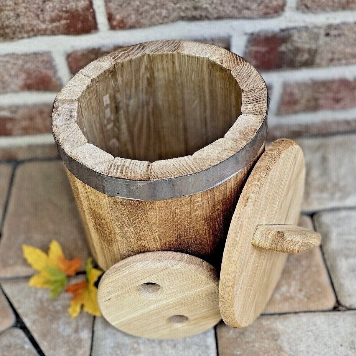 Holzbottich aus Eichenholz zum Einlegen – 5L, 10L oder 15L mit Deckel & Druckplatte