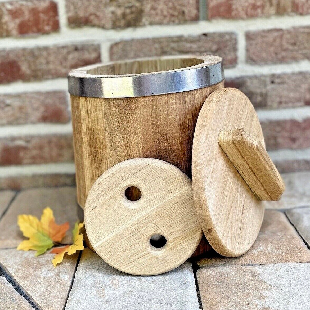 Holzbottich aus Eichenholz zum Einlegen – 5L, 10L oder 15L mit Deckel & Druckplatte