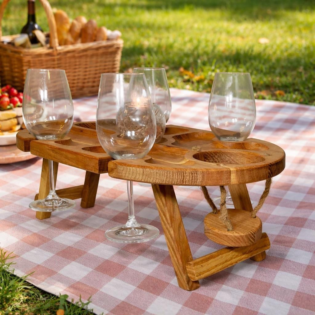 Klappbarer Weintisch aus Eiche für 4 Gläser – Picknicktisch & Serviertablett mit hängendem Flaschenhalter