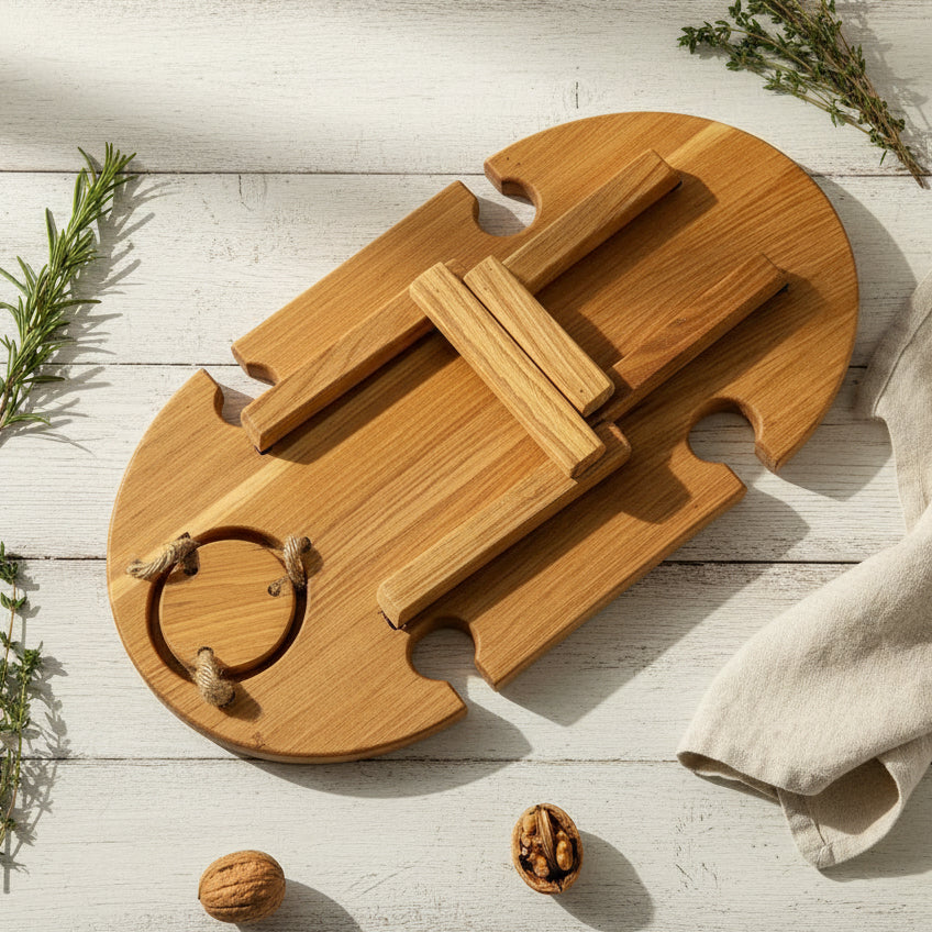 Klappbarer Weintisch aus Eiche für 4 Gläser – Picknicktisch & Serviertablett mit hängendem Flaschenhalter