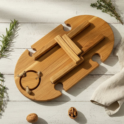 Klappbarer Weintisch aus Eiche für 4 Gläser – Picknicktisch & Serviertablett mit hängendem Flaschenhalter