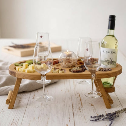 Klappbarer Weintisch aus Eiche für 4 Gläser – Picknicktisch & Serviertablett mit hängendem Flaschenhalter