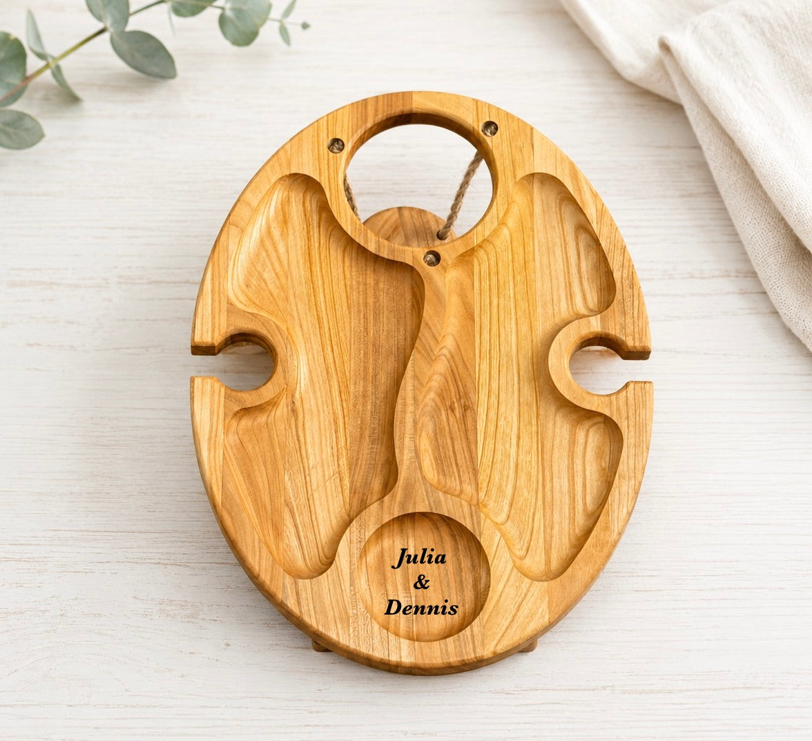 Klappbarer Weintisch aus Kirschbaumholz für eine Flasche und zwei Gläser, Picknicktisch, Couchbar, Campingtisch Wein, Strandtisch