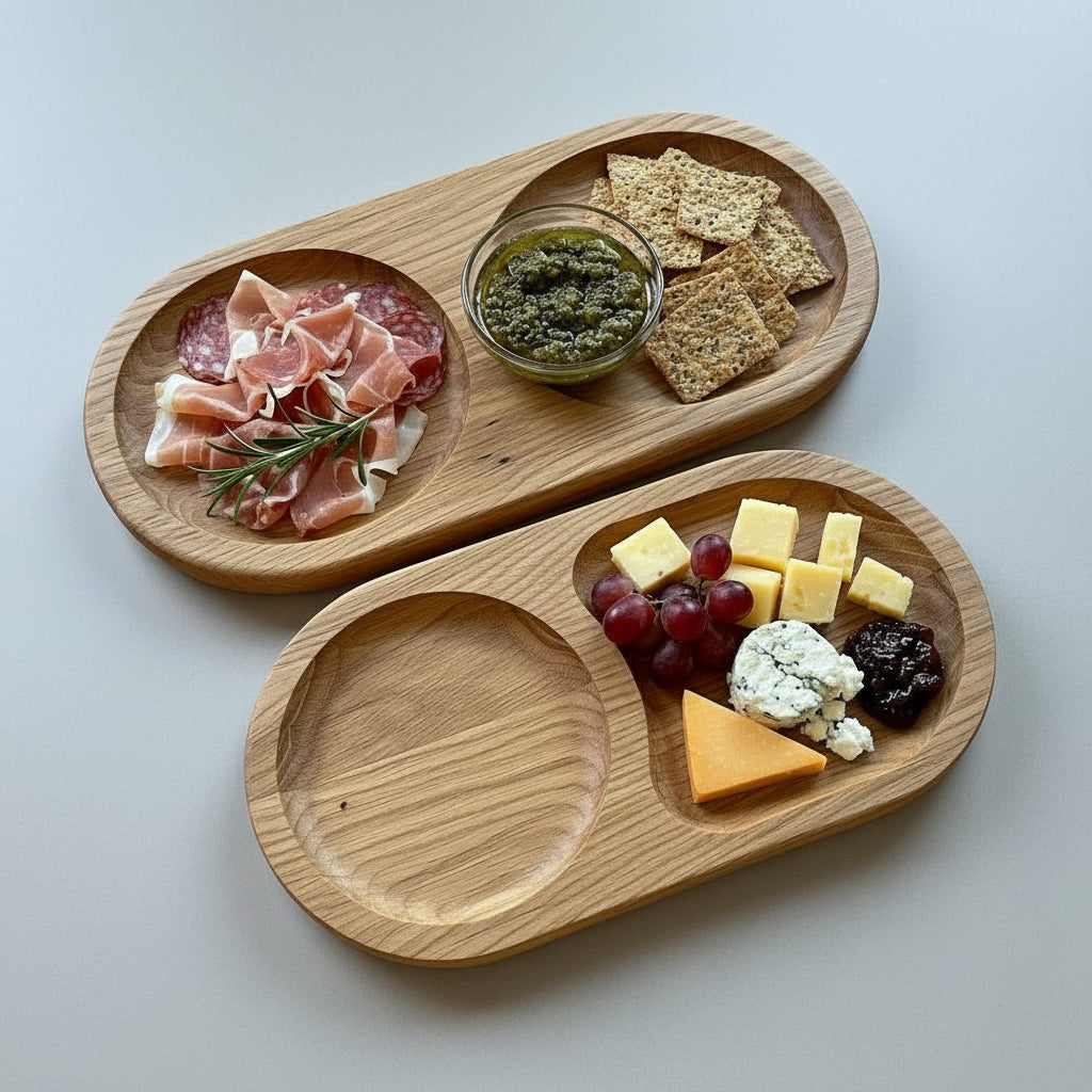 Servierteller aus Eichenholz – Flacher Holzteller mit 2 oder 3 Fächern