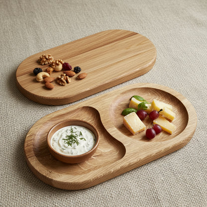 Servierteller aus Eichenholz – Flacher Holzteller mit 2 oder 3 Fächern