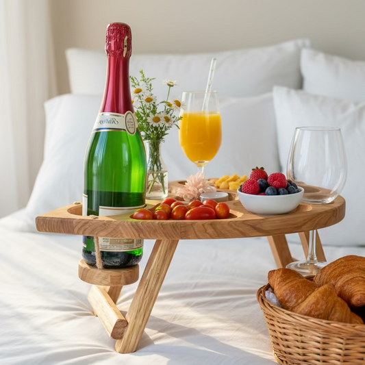 Personalisierter Weintisch in Herzform aus Eichenholz – Klappbarer Picknicktisch für Zwei